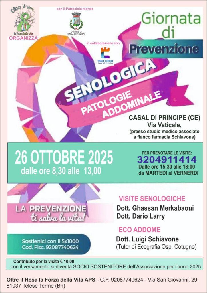 Locandina della giornata di prevenzione per il tumore al seno e per patologie addominali organizzata dall'associazione Oltre il Rosa la Forza della Vita a Casal Di Principe (CE)