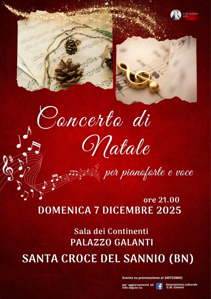 Locandina del Concerto di Natale che si terrà domenica 7 dicembre 2025 nella Sala dei Continenti di Palazzo Galanti a Santa Croce del Sannio
