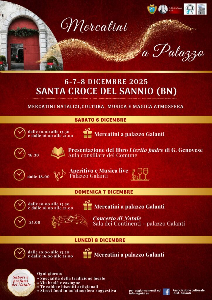 Locandina del programma della decima edizione di 'Mercatini a Palazzo' a Santa Croce del Sannio, organizzati dall'associazione Giuseppe Maria Galanti APS